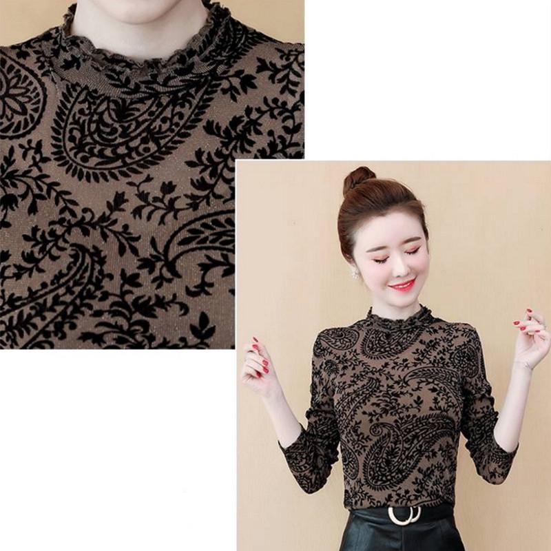 Pofulove Plus Women's Long Sleeve Mesh In Winter Fashion Velvet Half Turtleneck Bottoming Shirt