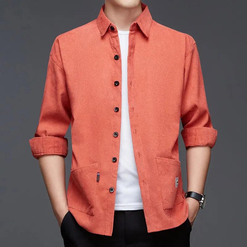 Spring and Autumn Corduroy Long Sleeve Shirt Jacket Casual Loose Shoulder Free Ironing Solid Color Real Pocket Men's Top