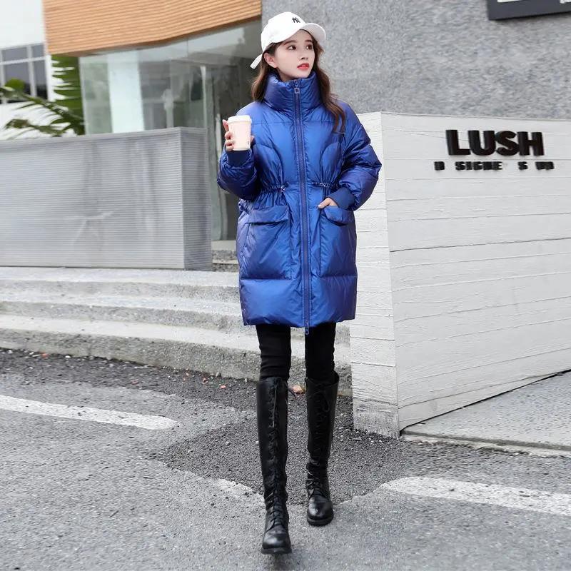 Ladies Down Jacket Winter Thickening Fashion Shiny Stand-up Collar Waist Wash-free Mid-length Cotton Jacket
