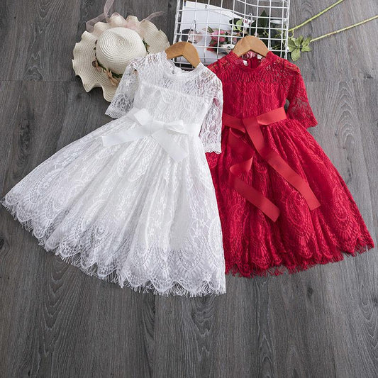 Kids Dresses for Girls Spring Clothes Half-sleeve Lace Party Costume Red Children Elegant Prom Frocks 3-8Y Girls Casual Wear