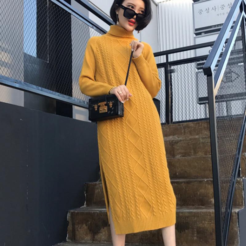 Women Turtleneck Knitwear Dress Long Knitted High Waist Solid Color Sweater Skirt Thick