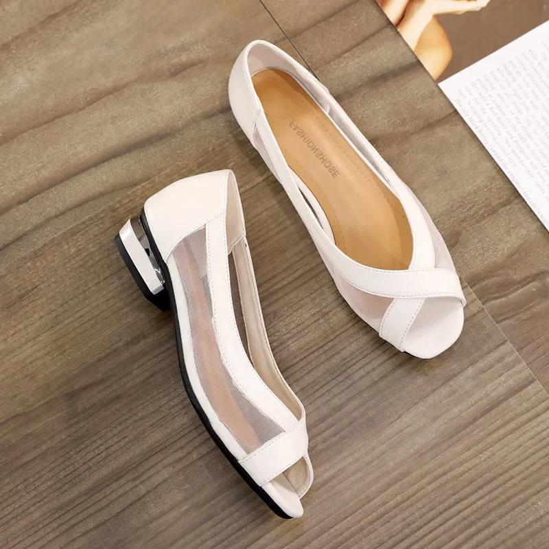Mesh Sandals Women's Fashion All-match Single Shoes Summer Low-heel Soft Leather Fish Mouth Women's Shoes Summer Flat Shoes