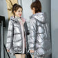 Women's Glossy Mid-length Down Jacket Winter Korean Style Loose Cotton Clothes Casual Hooded Padded Jacket