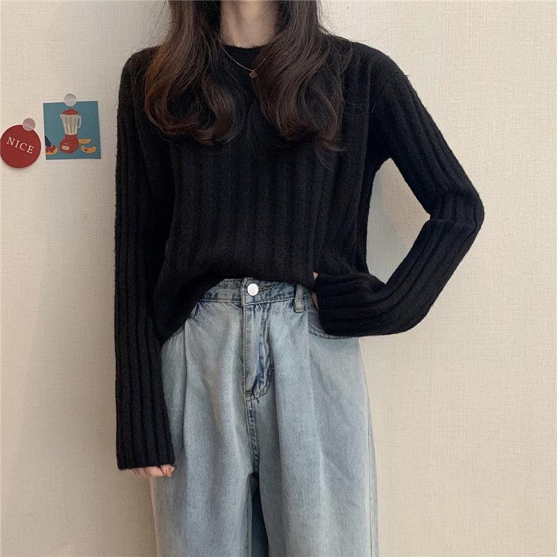 Autumn  Winter  Knitted Pullover Round Neck Versatile Thick Warm Woolen Sweater Bottoming Shirt  Vertical Stripes Loose