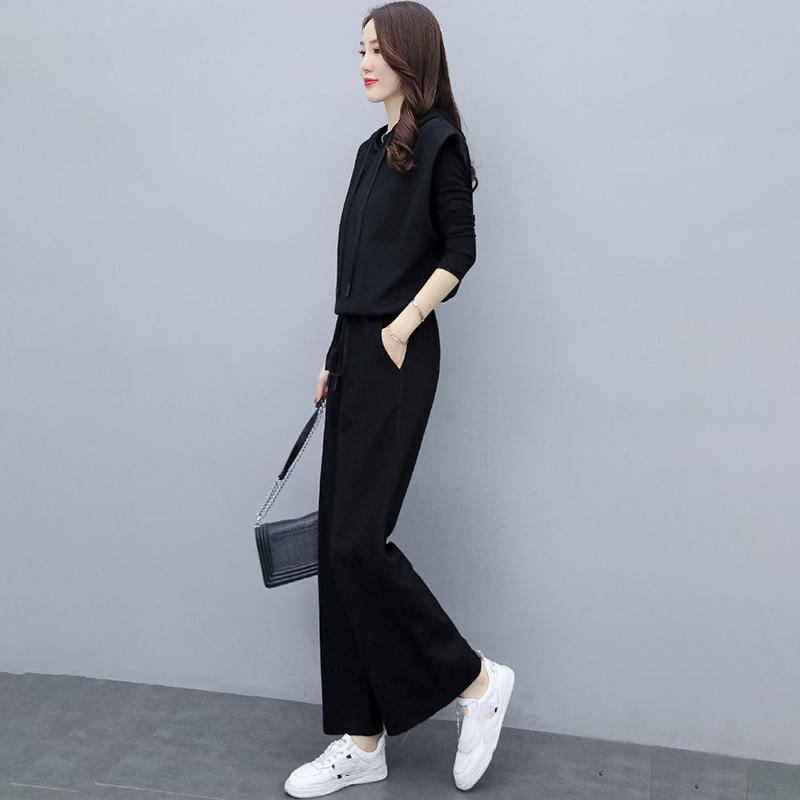 Suit Women's Temperament Is Thin Wide-leg Pants Casual Women's Three-piece Loose Wide-leg Pants + Hooded Sleeveless Waistcoat + Lining
