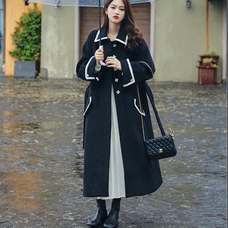 Autumn and Winter Woolen Coat Korean Version of Thin Lapel Coat Mid-length Over The Knee Plus Size Women's Woolen Coat