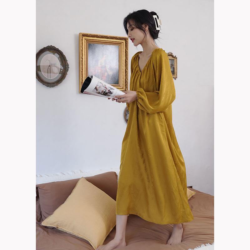 Women's Autumn Nightdress Ice Silk Backless Comfortable High Quality Pajamas Sexy Deep V Homewear Out Wear Loose Solid Color Printing Nightdress