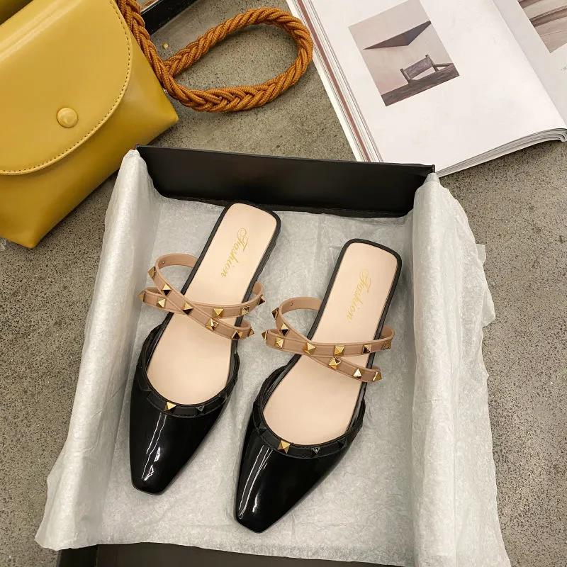 Office Ladies Summer Autumn Large Size Non-slip Baotou Slippers Women's Spring Solid Color Low Heel Rhinestones Single Shoes