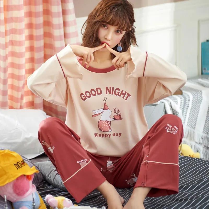 Cotton Pajamas for Women Long Sleeve Pyjamas Set Pullover Sleepwear Suit Cartoon Cute Nightwear Loose Casual Home Wear Spring Autumn Tops Pants Sets