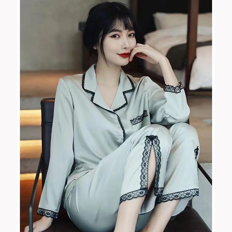 Women's Spring Autumn Long-sleeved Pajamas Set Lapel Sexy Lace Pyjamas Slit Bottoms V-neck Loose Comfortable Homewear Solid Out Wear Loungewears