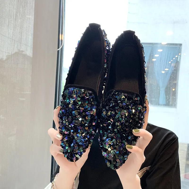 Women's Spring and Summer Pointed Toe Shoes Autumn Low Heel Casual All-match Single Shoes Large Size Soft Bottom Party Sequins Shoes