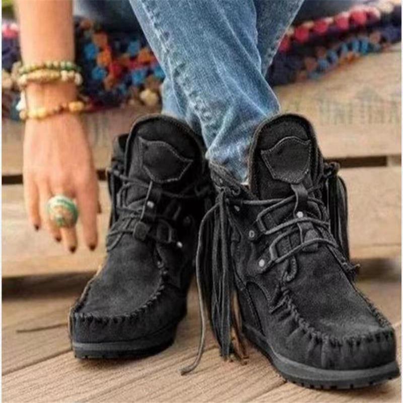 Women Ankle Boots Ladies Suede Shoes Tassel Boots Pop Tide Lace-Up Boho Boots Women Flat Shoes Cowboy Shoes Short Boots Plus Size Shoes 35-43