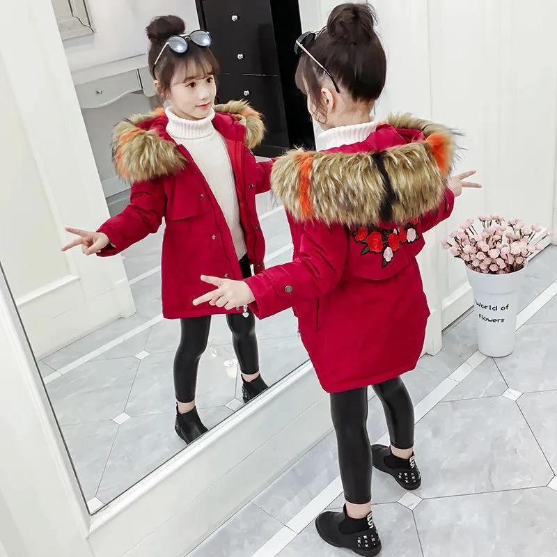 Girls' Warm and Thick Cotton-padded Jacket Mid-length Windproof and Velvet Jacket