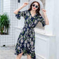 Summer Cotton Drawstring Dress Medium-length Floral Dress Belt Flare Sleeve Irregular Dress