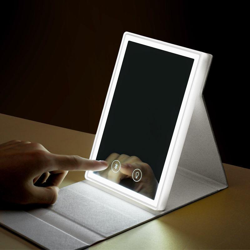 Ladies Professional LED Leather Bluetooth Makeup Mirror Portable Foldable Mirror and Speakers In One HD Mirror Touch Screen Control