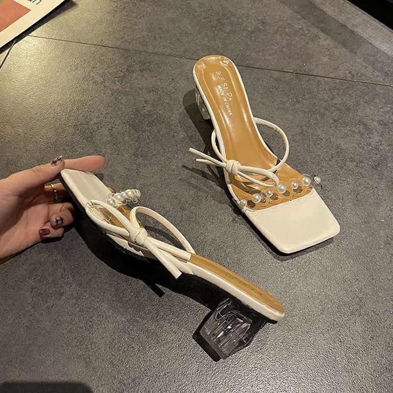 Crystal Heel Slippers Women's Summer Wear Fashion 2 Thick Heel Transparent Sandals