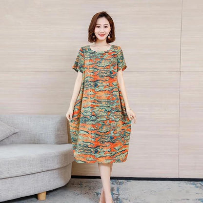 Cotton Round Neck Dress Female Was Thin and Fat MM Loose Mid-length Large Size Flower Skirt Straight Mid-length Skirt Loose Casual