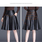 Black Ladies PU Leather Skirts Women Casual High Waist Zipper Solid Female Knee-length  A-Line Skirt with Pocket