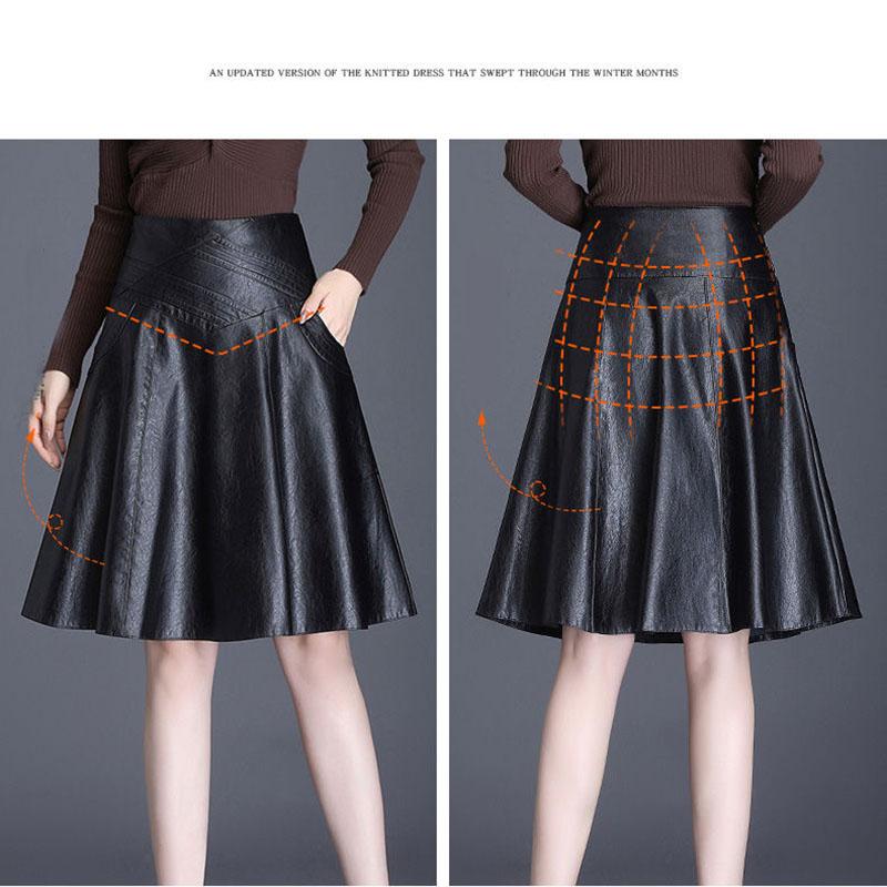 Black Ladies PU Leather Skirts Women Casual High Waist Zipper Solid Female Knee-length  A-Line Skirt with Pocket