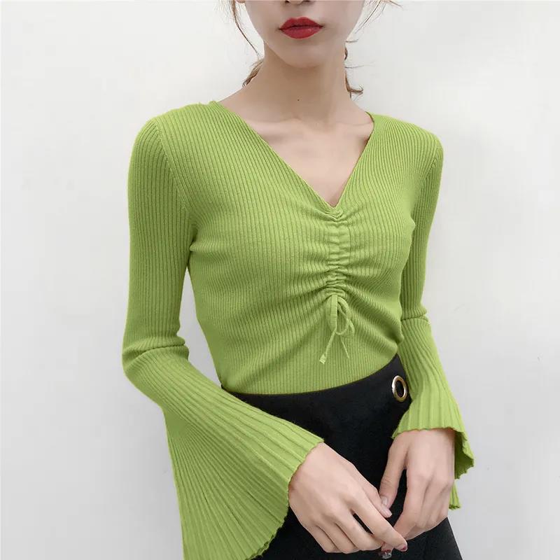 Early Autumn High-end Sweater Women's V-neck Drawstring Long-sleeved Pleated Flared Sleeve Sweater Top Bottoming Shirt