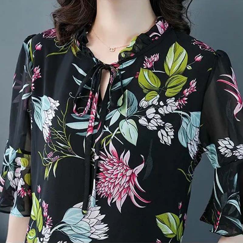 Summer Chiffon Shirt Women's Loose Plus Size Printed Shirt Doll Collar Top
