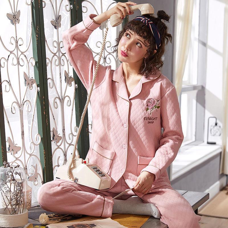 Pajamas Set Laminated Cotton Pajamas Women's Thin Quilted Thickened Large Size Air Cotton Warm Pajamas Home Service Suits Are Soft and Warm