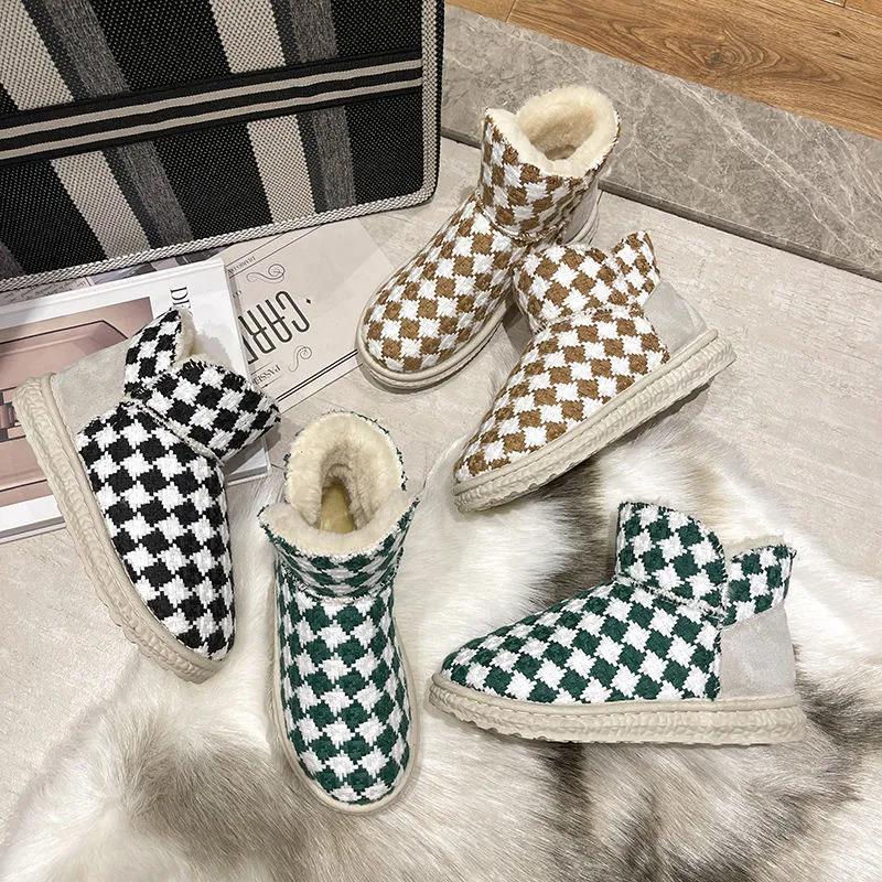 Snow Boots Women Winter Plaid Plus Velvet Warmth Thick-soled All-match Non-slip Short-tube Cotton Boots Women