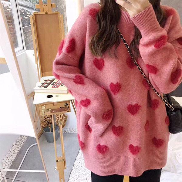 Love Round Neck Pullover Sweater Spring and Autumn Loose Fairy Gentle Style Student Sweater Jacket