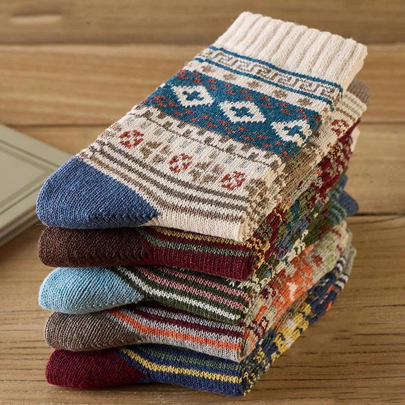 5 Pairs Retro Flower Socks Autumn Winter Ethnic Style Cotton Stockings Thick Thermal Line Diamond Knitted Warm Warm Socks Mid Tube Socks