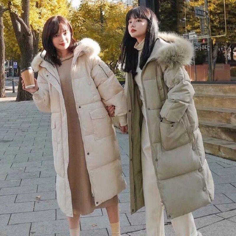 Autumn and Winter Fluffy Big Fur Collar Down Padded Jacket Women's Mid-length Plus Size Loose Padded Padded Over-knee Bread Jacket Padded Jacket
