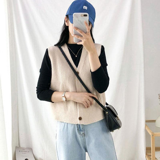Spring and Autumn V-neck Loose Waistcoat Casual Slimming Cardigan Sweater Sleeveless Knitted Female Top