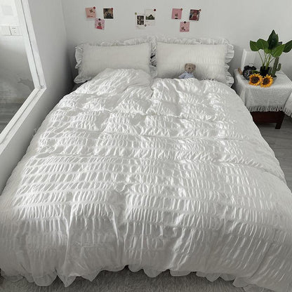 Princess Style Washed Cotton Seersucker Four-piece Solid Color Bedding Quilt Cover Sheet Four Seasons Universal