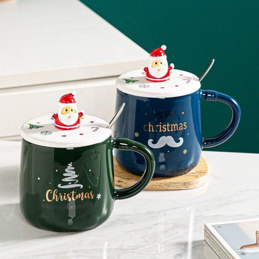Christmas Mug  Pine Elk Printed Cartoon Water Bottle with Cover and Spoon  New Colorful Festival Household Ceramic Coffee Cup