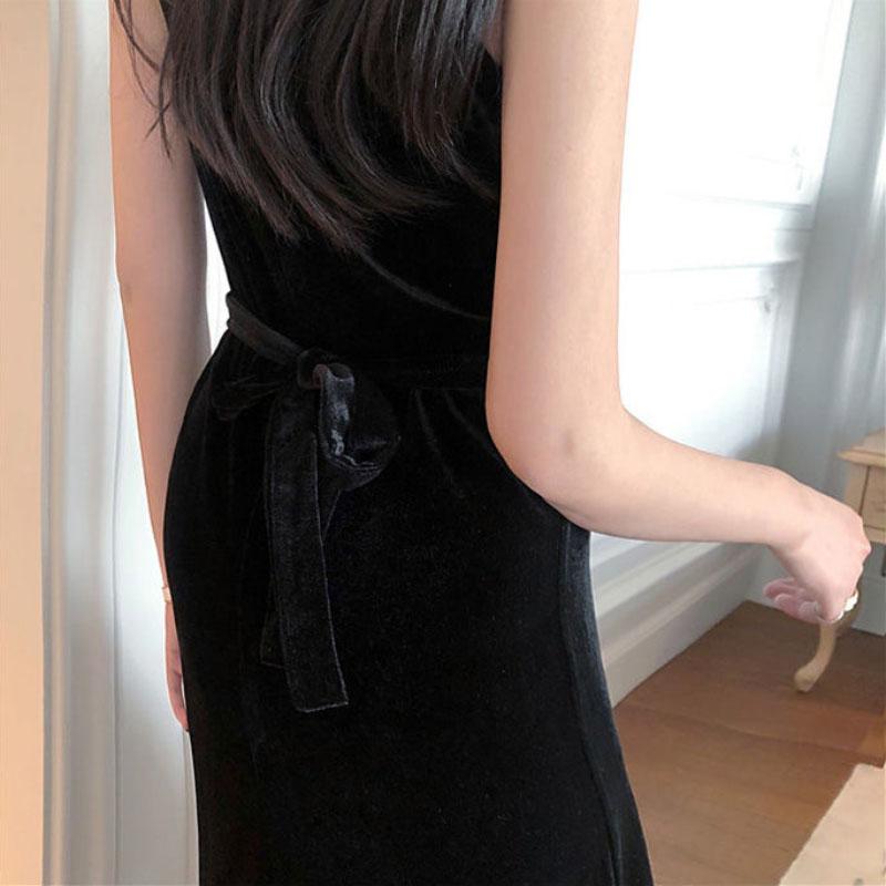 Black Sling Dress Women's High Slit Gold Velvet Sling Bottoming Skirt Spring Autumn Short Skirt