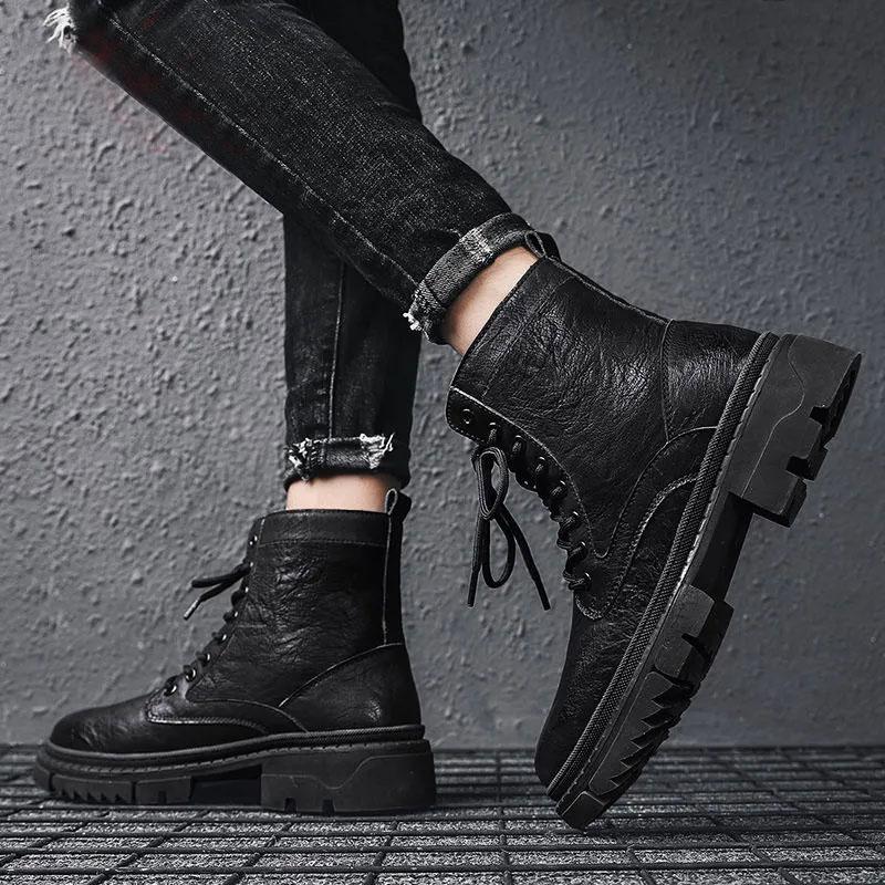 Men's Non-slip Autumn and Winter Martin Boots Net Red Ins Tooling Boots Korean Version of The British Style Black Boots Microfiber Leather Shoes