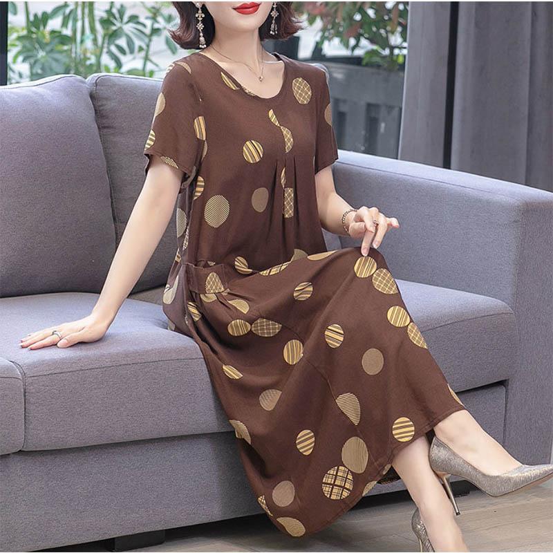 Mom Dress Cotton Silk Dress Large Size Covering Belly Short Sleeve Middle-aged and Older Women Fat People Floral Skirt