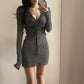 Deep V-neck Knitted Slim-fitting Hip Short Skirt Women's Sexy Long-sleeved Drawstring Pleated Dress Showing Breasts Femininity Solid Color