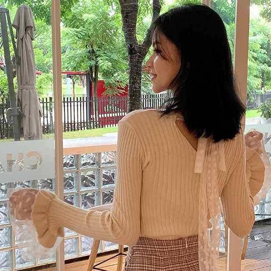 Pofulove Girly Crew Neck Lace Bell Cuffs Base Knitwear Skin-friendly High Elastic Pullover Sweater