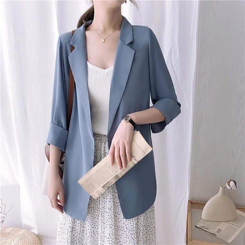 Falling Elegant Solid Color Chiffon Blazer Feminine Temperament Medium Length Casual Suit Loose Thin Coat In Spring and Autumn