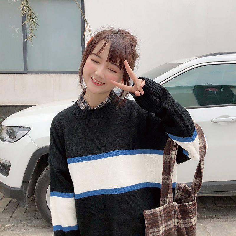 College Style Autumn Winter Sweater Women Loose Lazy Student Striped Sweater Shirt Coat