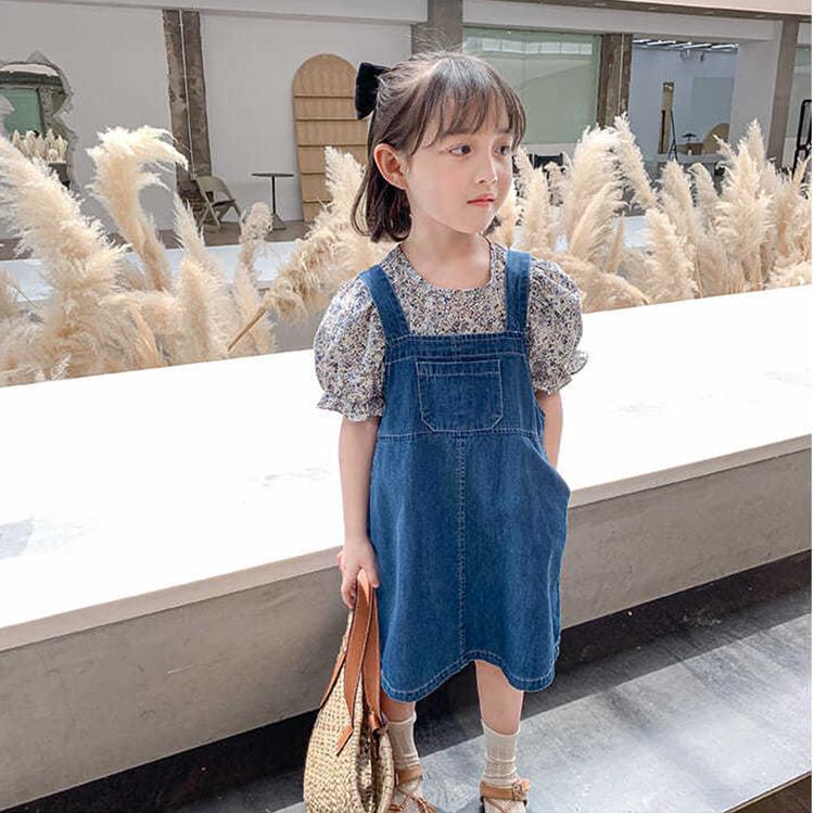 2PCS Children Clothing Set Spring Summer Girls Suits Floral Short Sleeve Tops + Denim Skirt Clothing Hin Strap Skirt Suit