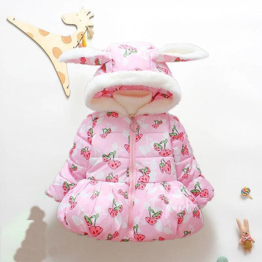 Winter Padded Coat Girl Floral Mushroom Pattern Princess Style Padded Coat Cute Mid-length Cotton Coat Girl Plus Velvet Coat