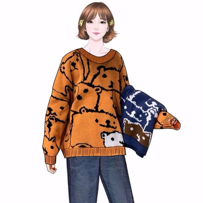 Winter Sweet Jacquard Pullover Sweater Women Loose Long Sleeve Knitted Round Neck Sweater