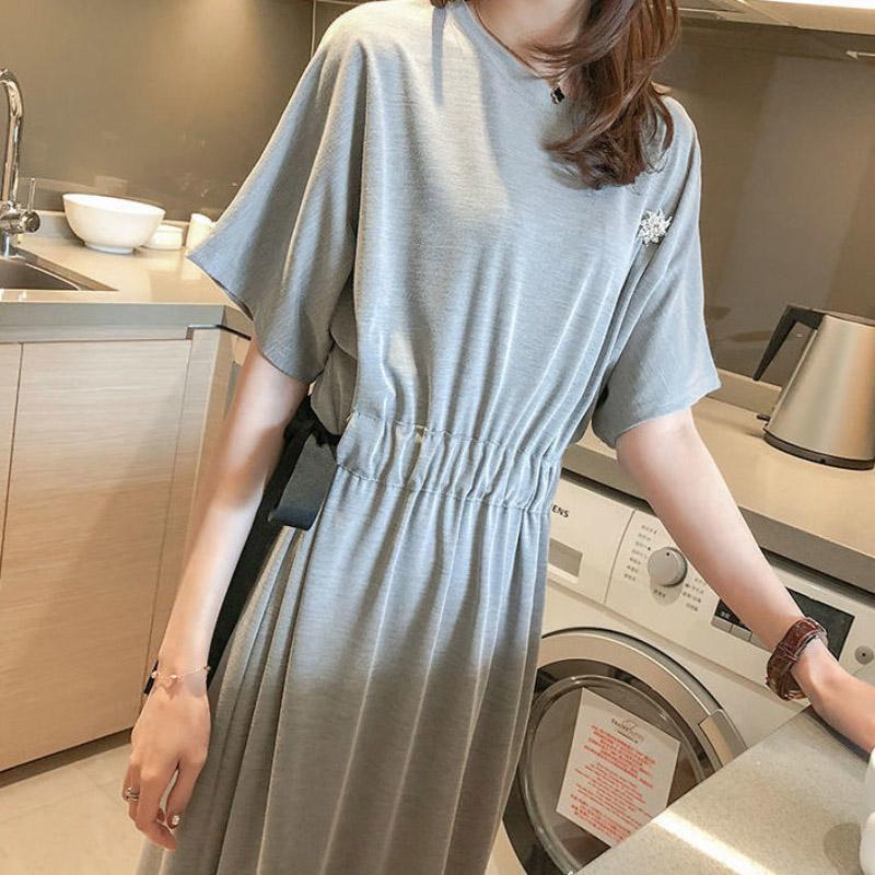 Dress Women's Spring Summer Long Loose Large Size T-shirt Skirt Bandage Waist Slimming Over-the-knee Dress