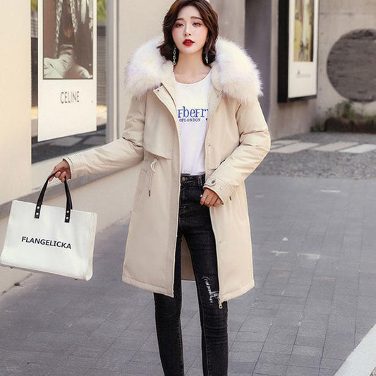 Parkas Cotton Jacket Women's Mid-length Winter Korean Version of The Large Fur Collar Loose Large Size Plus Velvet Ins Style