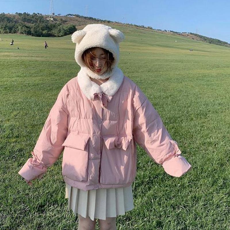 Winter Women's Down Jacket Korean Fashion Bow-knot Stand-up Collar Cotton-padded Jacket Warmth Short Cotton Jacket