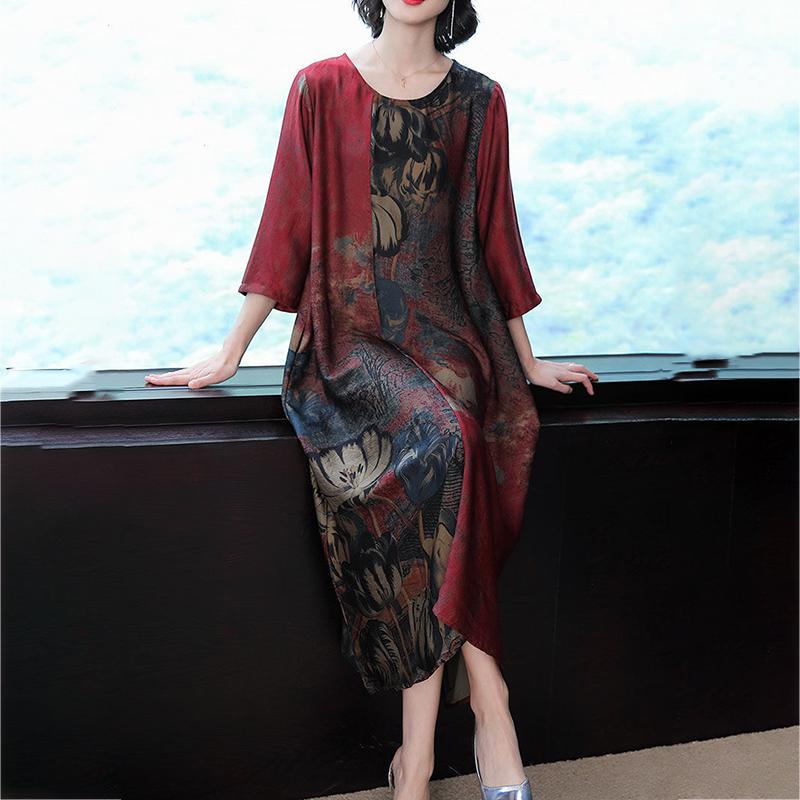 Chinese Style L-XXXXXL Women's Summer Dress Middle-aged 3/4 Sleeve Round Neck Printing Length to calf Daily Wear Homewear