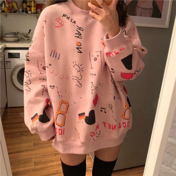 Autumn and Winter Korean Version of Loose Long-sleeved Graffiti Printing Retro Pullover Sweater Women's Casual All-match Jacket