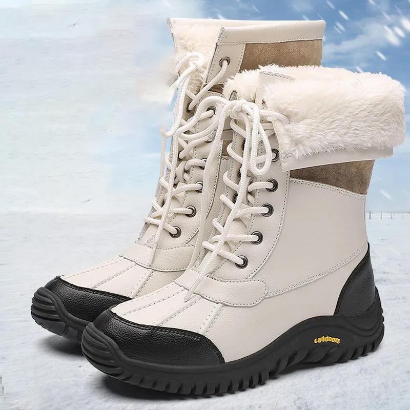 Winter Outdoor Snow Boots Women's Waterproof Non-slip Middle Tube Plus Velvet Thickening Fashion Leather Snow Shoes