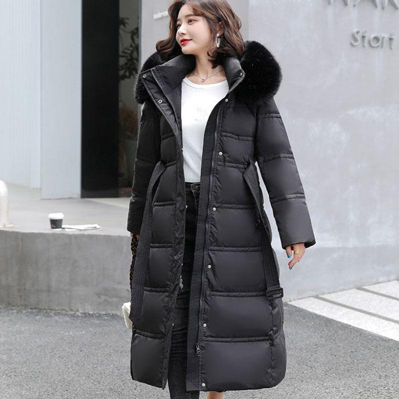Long Down Jacket Fashion Fur Collar Waist Down Cotton-padded Jacket Over The Knee Thick Winter Padded Jacket Suitable for Women